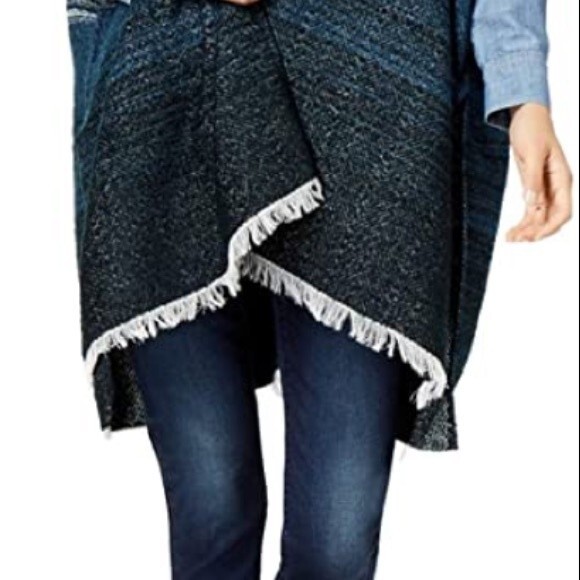 Lucky Brand Striped Kimono Poncho Sweater Wrap Ombre Open Front Fringe Hem Boho - Picture 13 of 14